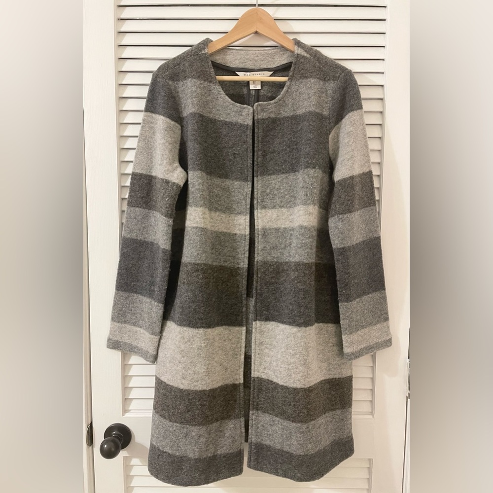 Max Studio Wrap Wool Jacket Grey Stripes Large